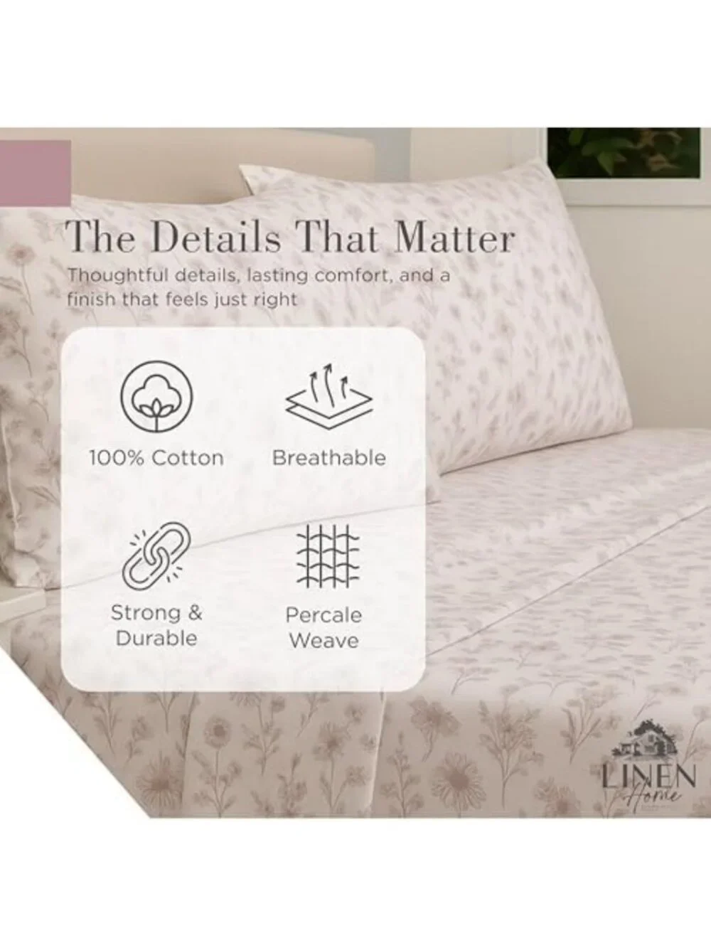 Queen Cotton Percale Sheet Set - 100% Linen, Mauve Botanical Print, Soft